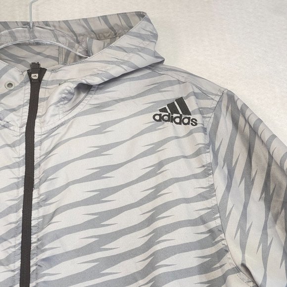 ADIDAS Womens XL Gray Striped Hooded Windbreaker Athletic Full Zip Pockets - Picture 2 of 13